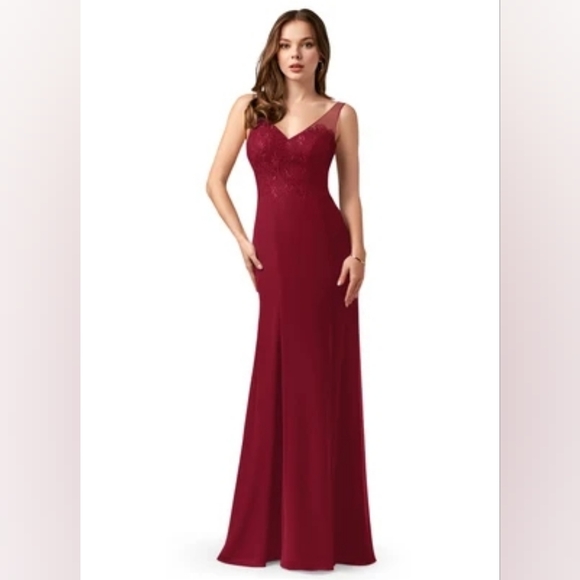 Azazie Dresses & Skirts - Azazie Burgundy V-Neck Lace Bodice Evening Gown